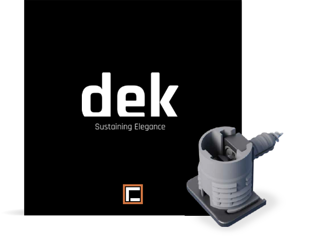 Dek logo with slogan on a black background, next to a gray industrial component and an orange-framed icon.
