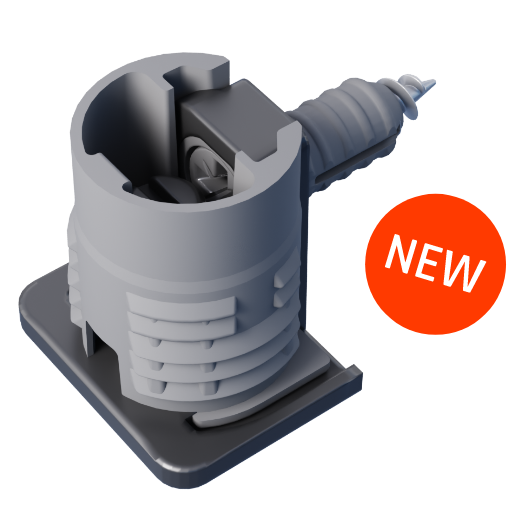 New industrial fastener component with a screw-driven mechanism and a gray cylindrical body, shown beside a red 'NEW' badge.