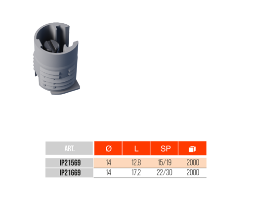 Grey cylindrical tool holder with multiple cutting bits inside, positioned above a product-spec table showing article numbers IP21569 and IP21669 with diameter and length details.