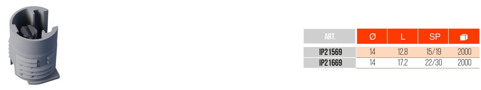 3D render and technical drawing of a plastic insert with dimension marks and a right-side size table.