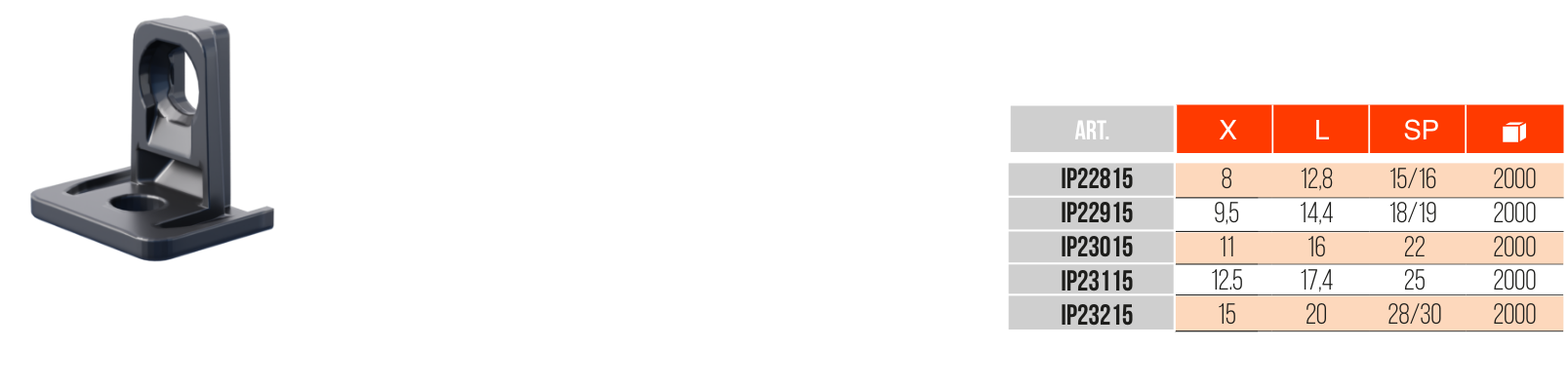 3D render of a square-base bracket with a dimensioned engineering drawing and spec table nearby, for model details.